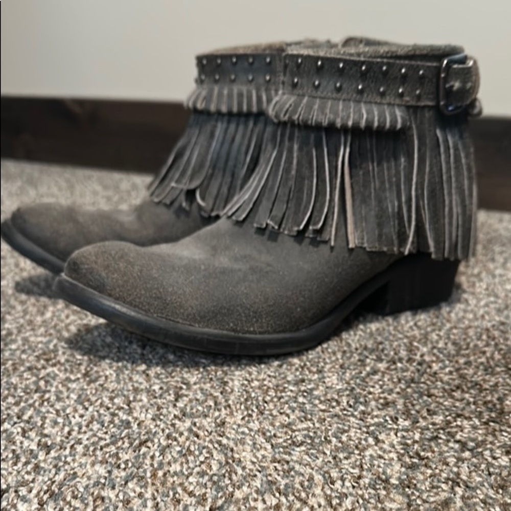 Fringe Studded Gray Ankle Boots